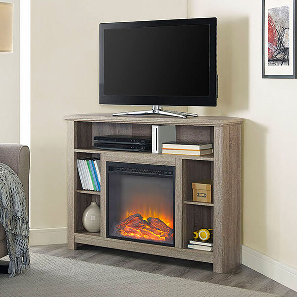 44-inch Wood Corner Highboy Fireplace TV Stand - Driftwood, image 1