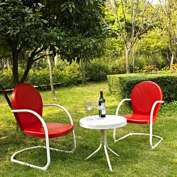 Griffith Three Piece Metal Outdoor Conversation Seating Set: Two Chairs in Red Finish with Side Table in White Finish, image 1