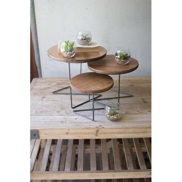 Rattan Wood Round Wire Display Risers with Wood Tops, Set of Three, image 1