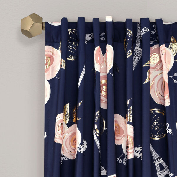 Vintage Paris Navy and White 52 x 84 In. Rose Butterfly Script Window Curtain Panel, Set of 2, image 2