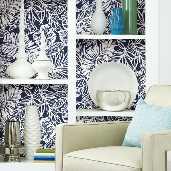 Batik Tropical Leaf Blue Peel And Stick Wallpaper, image 1