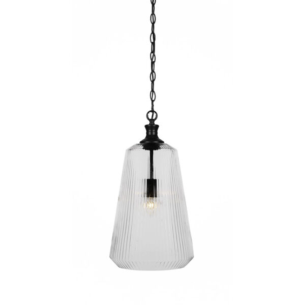 Carina Matte Black One-Light 18-Inch Chain Hung Pendant with Clear Ribbed Glass, image 1