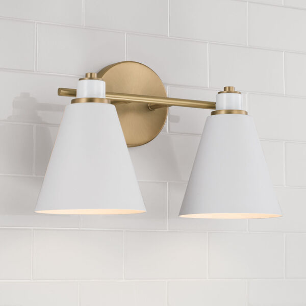 Bradley Aged Brass and White Two-Light Bath Vanity, image 3