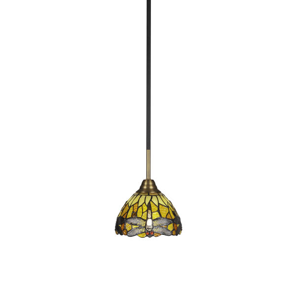 Paramount Matte Black and Brass Seven-Inch One-Light Mini Pendant with Amber Dragonfly Art Glass Shade, image 1