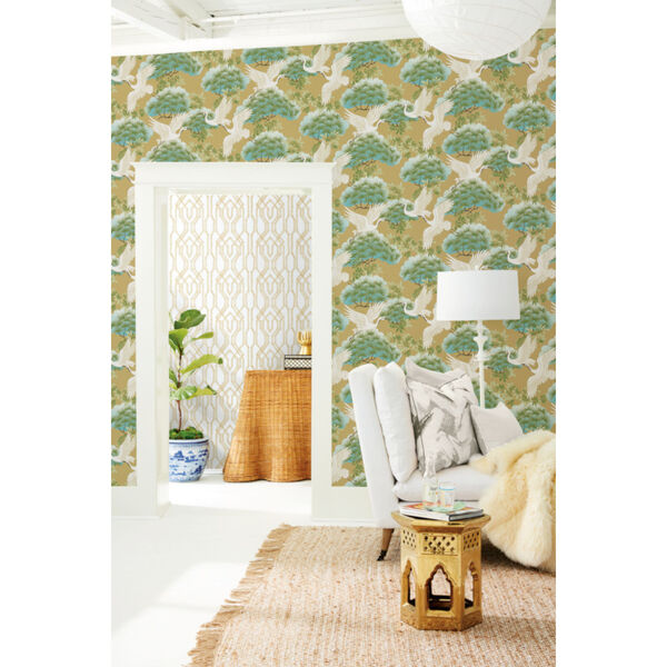 Ronald Redding Tea Garden Gold and Green Sprig and Heron Wallpaper, image 5