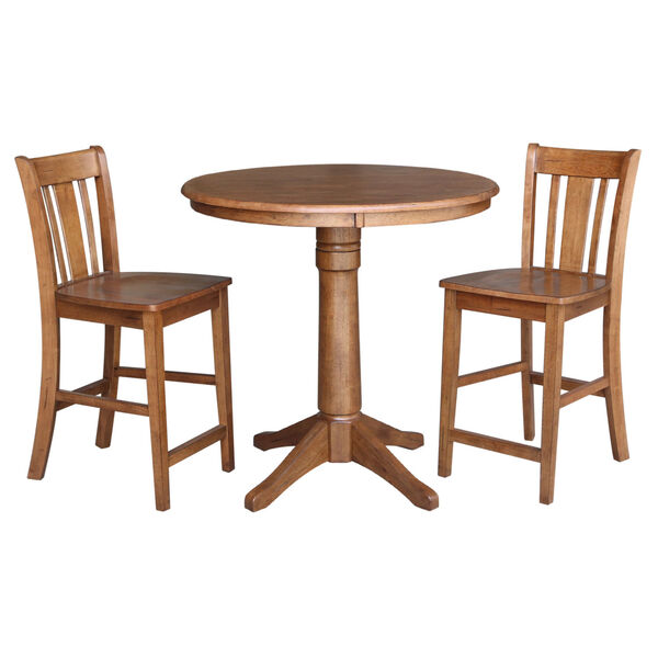 San Remo Distressed Oak 36-Inch Round Pedestal Gathering Table with Two Counter Height Stool, Set of Three, image 2