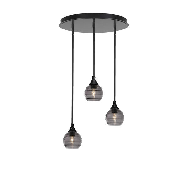 Empire Matte Black Three-Light Cluster Pendalier with Six-Inch Smoke Ribbed Glass, image 1