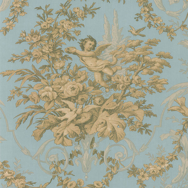 Fabric Toile Metallic Gold and Aqua Wallpaper - SAMPLE SWATCH ONLY, image 1