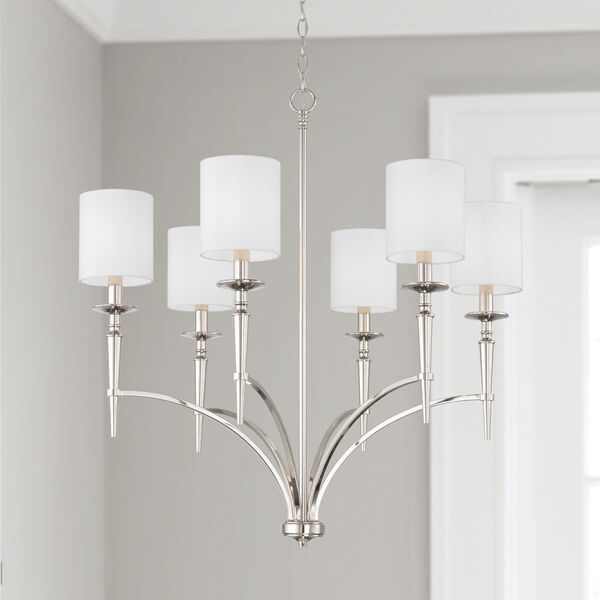 Abbie Polished Nickel and White Six-Light Chandelier with White Fabric Stay Straight Shades, image 2