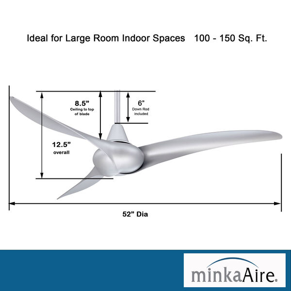 Wave 52-Inch Ceiling Fan in Silver with Three Blades, image 4