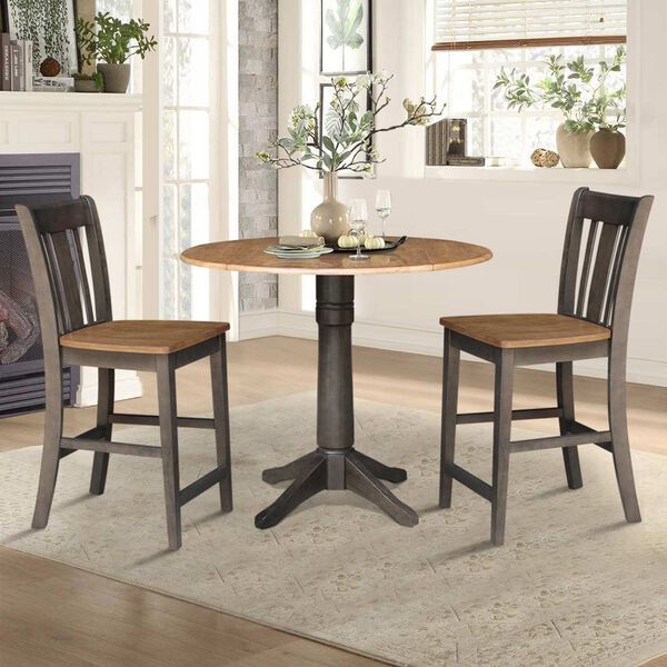 Hickory Washed Coal Round Dual Drop Leaf Counter Height Dining Table with Two Splatback Stools, image 3