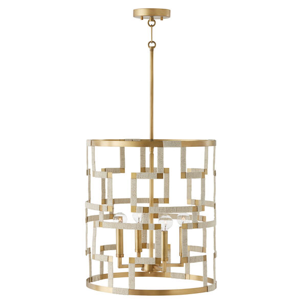 Hala Bleached Natural Jute and Patinaed Brass Four-Light Greek Key Pattern Artisan Crafted Foyer, image 3