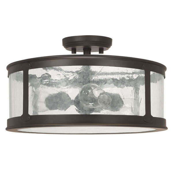 Uptown Old Bronze Three-Light Outdoor Semi-Flush with Antique Glass, image 1