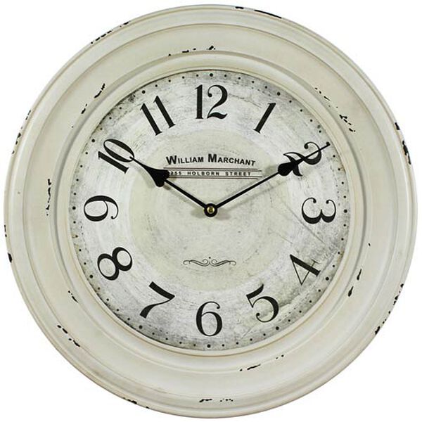 White 16-Inch Wall Clock with Distressed Iron Frame, image 1