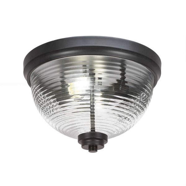 Matte Black Two-Light Flush Mount with Clear Ribbed Glass, image 1