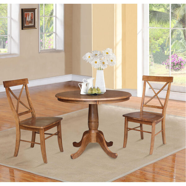 Distressed Oak 36-Inch Round Top Pedestal Table with Two X-Back Chair, Set of Three, image 1