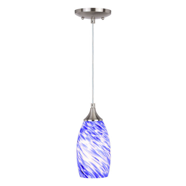 Milano Satin Nickel One-Light Mini Pendant with Blue Swirl Art Glass, image 1