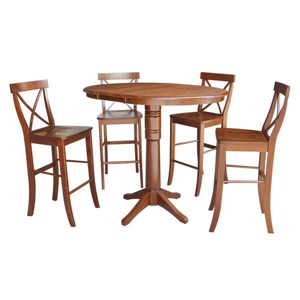 Espresso Round Bar Height Table with 12-Inch Leaf and X-Back Stools, 5-Piece, image 1