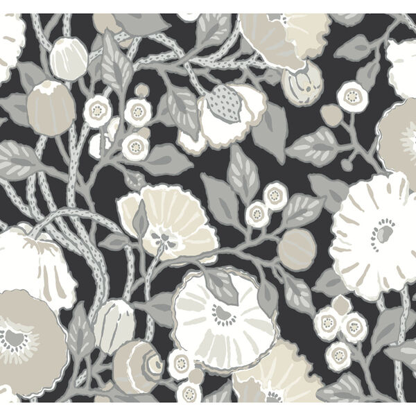 Black and Cream 27 In. x 27 Ft. Vincent Poppies Wallpaper, image 2