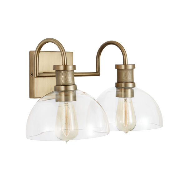 Aged Brass Two-Light Bath Vanity with Clear Glass, image 4