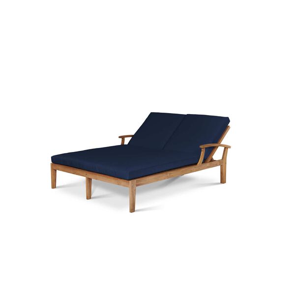 Delano Natural Teak Outdoor Double Reclining Sunlounger with Sunbrella Navy Cushion, image 1
