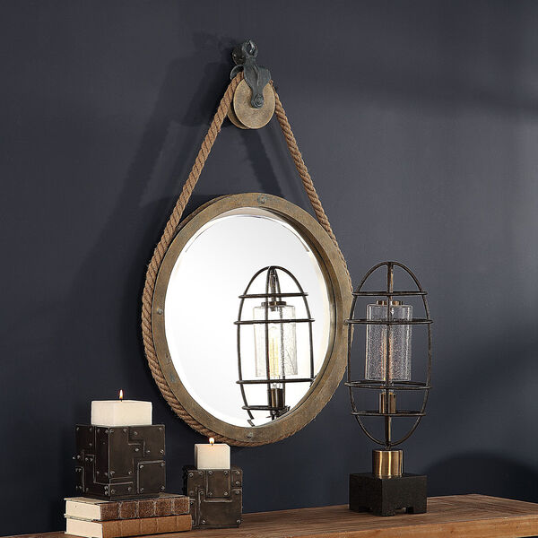 Melton Aged Natural Wood Round Pulley Mirror, image 1