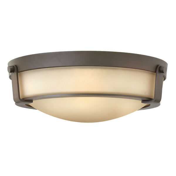 Hathaway Olde Bronze 16-Inch Three-Light Flush Mount with Etched Amber Glass, image 1