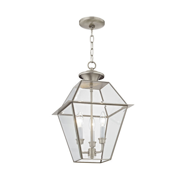 Westover Brushed Nickel 12-Inch Three-Light Outdoor Chain-Hang Lantern with Clear Beveled Glass, image 4