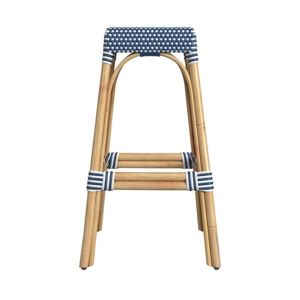 Robias Bright Sky Blue and White on Natural Rattan Bar Stool, image 3