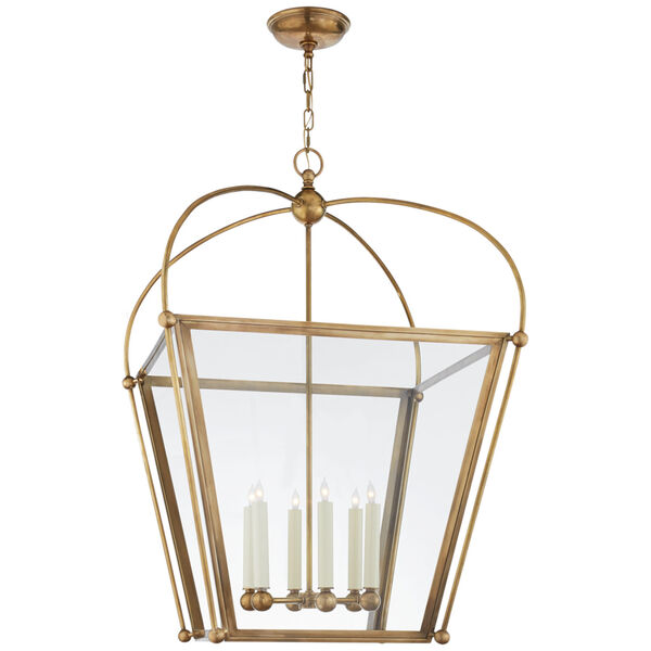 Riverside Large Square Lantern in Antique-Burnished Brass with Clear Glass by Chapman and Myers, image 1
