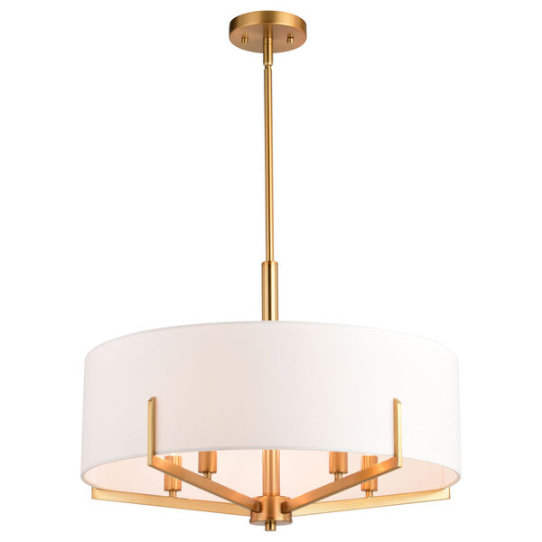 Surrey Natural Brass Five-Light Chandelier with White Fabric Drum Shade, image 1