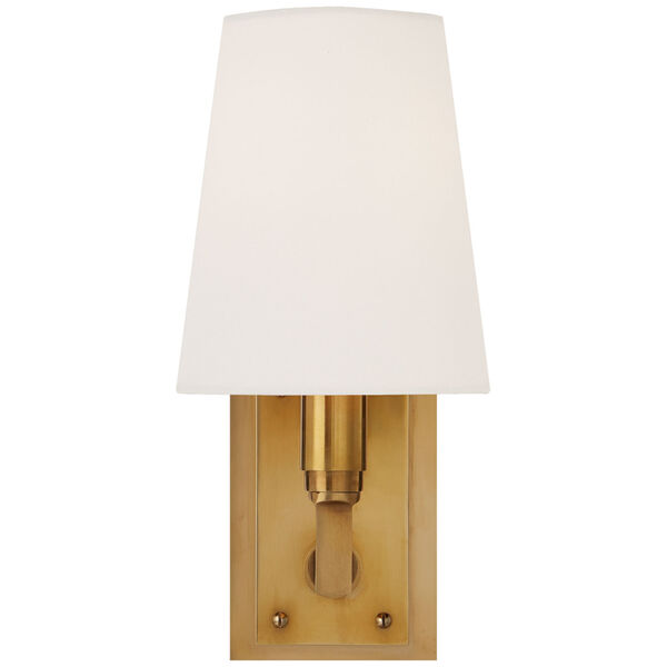Watson Small Sconce in Hand-Rubbed Antique Brass with Linen Shade by Thomas O'Brien, image 1