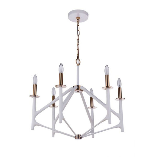The Reserve Matte White and Satin Brass Six-Light Chandelier, image 1