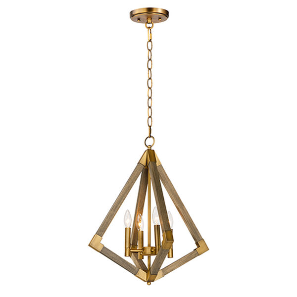 Vector Weathered Oak and Antique Brass Four-Light 19-Inch Adjustable Pendant, image 1