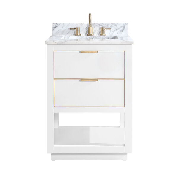 White 25-Inch Bath vanity with Gold Trim and White Marble Top, image 1