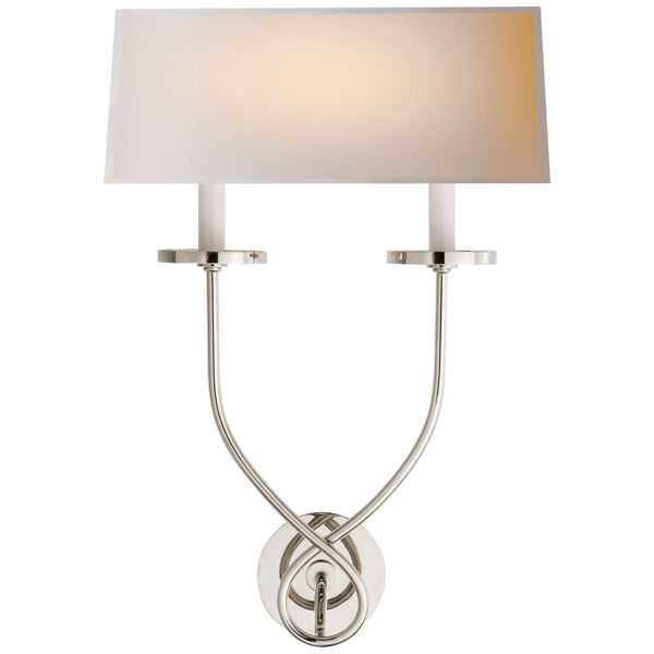 Symmetric Twist Double Sconce in Polished Nickel with Natural Paper Shade by Chapman and Myers, image 1