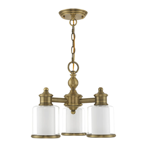 Middlebush Antique Brass 16-Inch Three-Light Convertible Mini Chandelier with Clear and Satin Opal White Glass, image 2