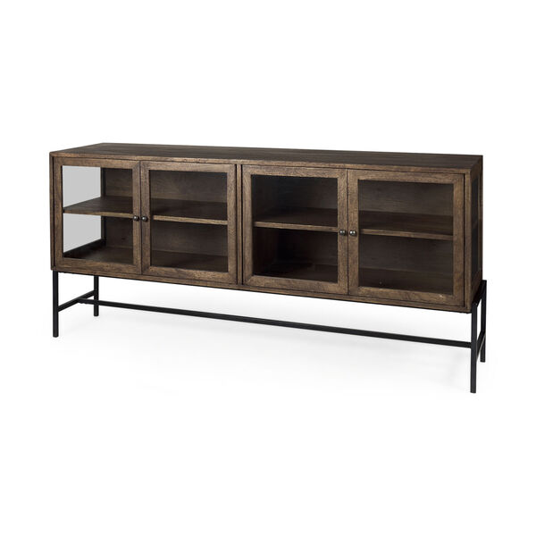 Arelius Medium Brown and Black Four Door Glass Cabinet Sideboard, image 1
