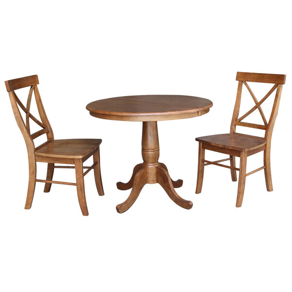 Distressed Oak 29-Inch Round Extension Dining Table with Two X-Back Chair, image 1
