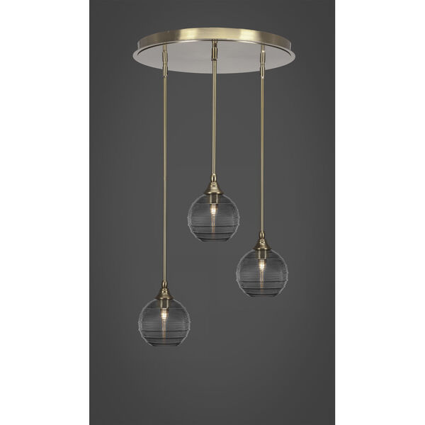 Empire New Age Brass Three-Light Cluster Pendalier with 10-Inch Clear Ribbed Glass, image 2