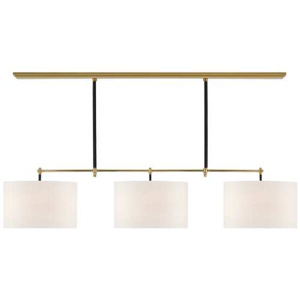 Bryant Antique Brass and Chocolate Three-Light Large Wrapped Billiard with Linen Shades by Thomas O'Brien, image 1