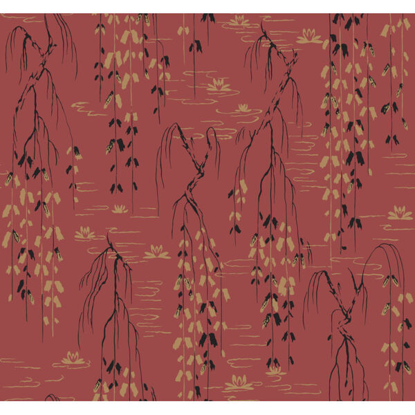 Ronald Redding Tea Garden Red, Black and Gold Willow Branches Wallpaper, image 2