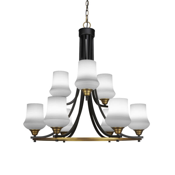 Paramount Matte Black and Brass 31-Inch Nine-Light Chandelier with Zilo White Linen Glass Shade, image 1