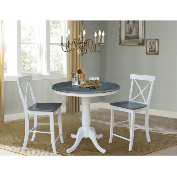 White and Heather Gray 36-Inch Round Extension Dining Table With Two X-back Counter Height Stools, Three-Piece, image 2