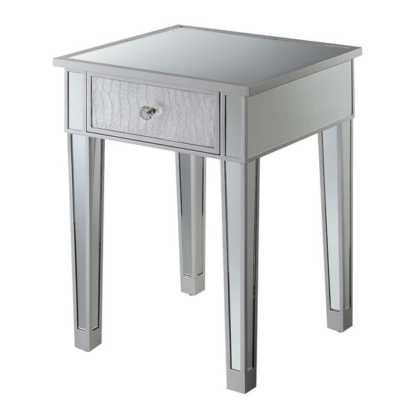 Gold Coast Silver Faux Croc Mirrored End Table with Drawer, image 3