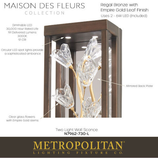 Maison Des Fleurs Regal Bronze with Empire Gold LED Wall Sconce, image 2