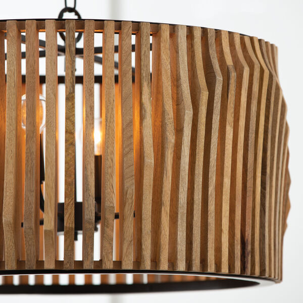 Archer Light Wood and Matte Black Four-Light Pendant Made with Handcrafted Mango Wood, image 4