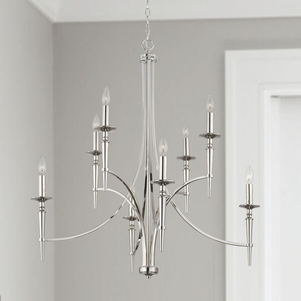 Abbie Polished Nickel and White Eight-Light Chandelier with White Fabric Stay Straight Shades, image 5