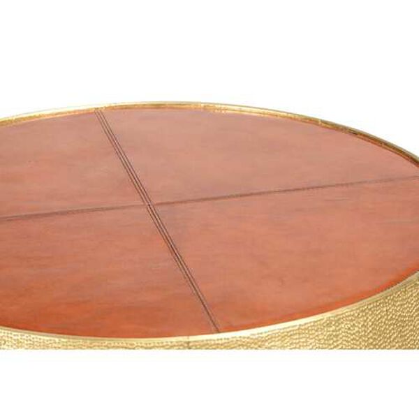 Cognac and Antique Brass Drum Table, image 7