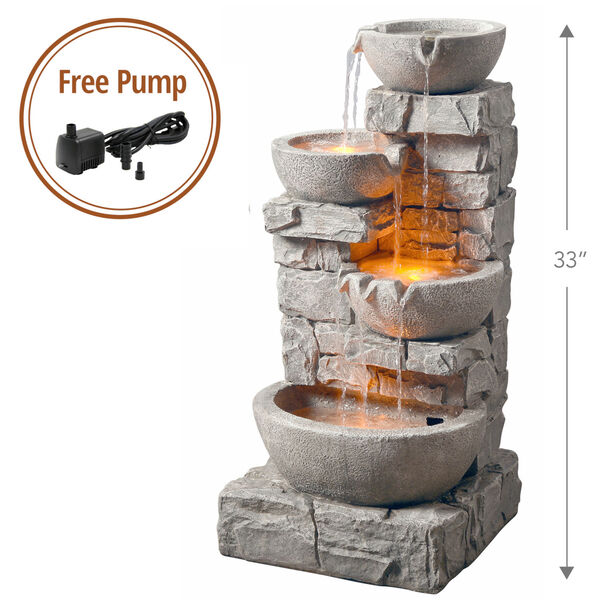 Stone Grey Outdoor Stacked Stone Tiered Bowls Fountain with LED Light, image 2